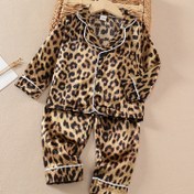 Resim Çocukların Şık Leopar Desenli Pijama Takımı - Uzun Kollu, Yaka Yaka, Esnek Olmayan Kumaş, Kontrast Bağlama, İlkbahar/Yaz İçin Normal Beden, Rahat Ev Giyimi | Leopar Desen | Fabri 