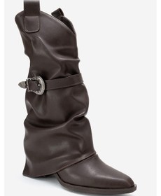 Resim Luvi Shoes Okus Kahve Cilt Kadın Tokalı Kalın Topuklu Kısa Çizme Kahverengi Deri 