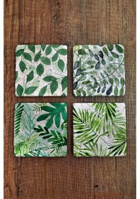 Resim Doğal Taş Bardak Altlığı 4'lü Set - 10x10cm Yeşil Yaprak Desenli Taş Bardak Altlığı - Stone Coasters Çok Renkli 