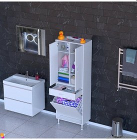 Resim Modilayn Yeni Afra 55x173x32,5 Cm' Lik 1 Çekmece, 1 Göz Sepet, 2 Kapak, 6 Raf Dar Alan Banyo Dolabı Beyaz 