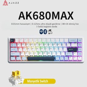 Resim Coverzone Ajazz AK680 Max%68 Manyetik Switch Oyuncu Klavyesi, Coiled Kablo, 3000mAh, 8000Hz Kablolu-1000Hz Kablosuz Polling Rate, RGB Arkadan Aydınlatmalı Mekanik Klavye (Beyaz Lacivert) 