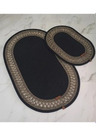 Resim Siyah Tress İp Banyo Paspas Seti Gold Detaylı Oval Banyo Halısı Çok Renkli 