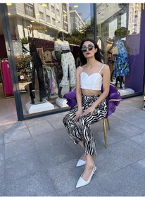 Resim Zebra Desen Yüksek Bel Rahat Pantolon - Zebra Desen -136 Beyaz 