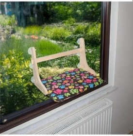 Resim Vantuzlu Kedi Cam Yatağı, Cama Asılan Tasarım, Ahşap Yapı Açik Mavi 
