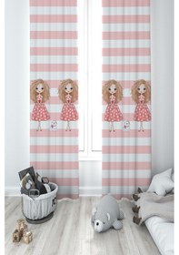 Resim Mekta Home Bebek Ve Çocuk Odası İkiz Kız Desenli Çizgili 2 Kanat Fon Perde 
