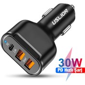 Resim Uslion 30w 2 Usb + Type-c Girişli Qc3.0 Hızlı Araç Çakmaklık Şarjı Siyah 