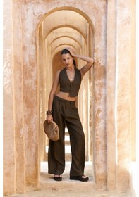 Resim Mai Collection Mai Studios Co. Lvdovila Kahve Keten Crop Yelek Pantolon Takım Kahve 
