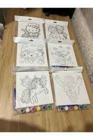 Resim 20x20 Cm Çocuk Tuval Seti 6 Lı Boya Ve Fırça Dahil 