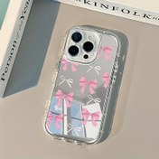 Resim Basit pembe ve beyaz fiyonk iPhone 16 Pro Max / 15/14/13/12/11 serisi ayna telefon kılıfı için uygun, yüksek kaliteli lüks makyaj aynası koruyucu kılıf, kadınlar için uygun, kendinize, en iyi arkadaşınıza ve kız arkadaşınıza mükemmel bir hediye 