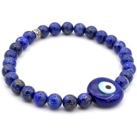 Resim Murano Cam Nazar Boncuğu Tasarim Doğal Lapis Lazuli Taşi Bileklik Mavi 