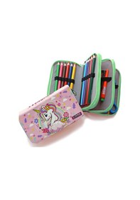 Resim Kalem Kutusu Unicorn Bahar Temalı Kawai Organizer Kalemkutu Vegan Deri Üç Bölmeli Kalemlik 