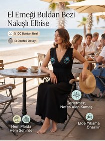 Resim CESSTORE %100 Pamuk Buldan Bezi Dantelli El Emeği Nakışlı Kruvaze Uzun Plaj Elbisesi, Günlük Elbise 