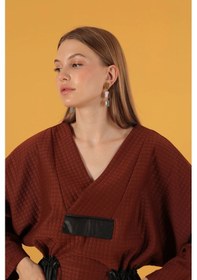 Resim Petek Kumaş Garnili Oversize Kadın Sweat-kahve Çok Renkli 