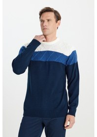Resim AC&Co / Altınyıldız Classics Erkek Ekru-lacı Standart Fit Normal Kesim Bisiklet Yaka Colorblock Desenli Triko Kazak Ekru-lacı 