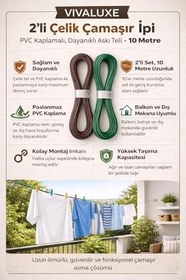 Resim 2’li Çelik Çamaşır İpi, PVC Kaplamalı Paslanmaz Dayanıklı Askı Teli, 10 Metre, Balkon, Bahçe, Banyo ve Dış Mekan Kullanımına Uygun (Asorti) 