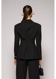 Resim Kadın Siyah Pens Detaylı Çizgili Blazer Siyah 