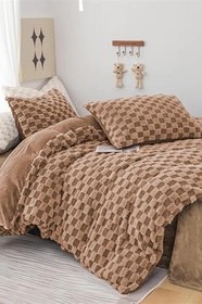 Resim Çift (Taraflı) Kişilik Kürk Yorgan Uyku Seti Yumuşak Wellsoft Peluş 3 Parça Polo Kahve 