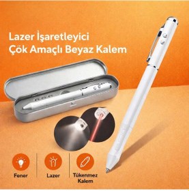 Resim Metal Kutulu Kırmızı Lazerli, Beyaz Led Işıklı Pointer İşaretçi Kalemi Metal Tükenmez Kalem 