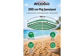 Resim Sunlife Avcıoğlu 200 cm Yeşil-Beyaz Plaj Şemsiyesi Fiberglass Gövdeli Rüzgara Dayanıklı Bahçe Balkon Kamp Plaj Şemsiyesi 