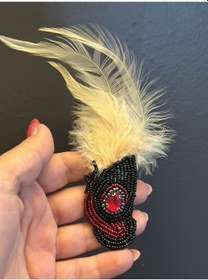 Resim Kuş Tüğlü Boncuk İşleme Broş Yaka Giyim Aksesuarı Yaka İğnesi 14 x 4 CM Pudra 