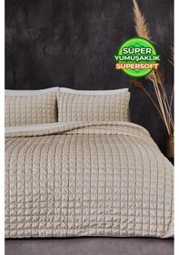 Resim Evlen Home Collection Kadife Stacy Yatak Örtüsü Seti Çift Kişilik Elyaf Dolgulu Yumuşak 3 Parça Bej 