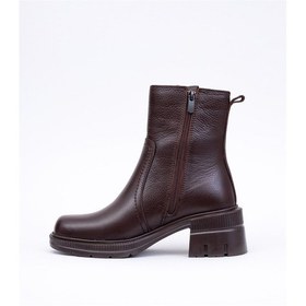Resim Kadın Hakiki Deri Kışlık Ökçeli Fermuarlı Bot Kahverengi 