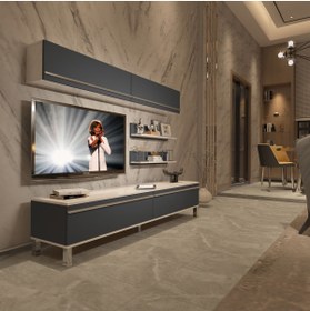 Resim Decoraktiv Eko 5 Mdf Std Krom Ayaklı Tv Ünitesi Tv Sehpası - Beyaz - Antrasit 