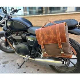 Resim Motosiklet Çantası, Motosiklet Yan Çantası, Deri Çanta, Mumlu Kanvas, Geçme Kilitli (Kahverengi) 