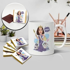 Resim Güzellik Kraliçesi Kadın Karikatürlü Kupa ve Çikolata 