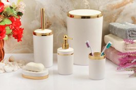 Resim 5 Parça Akrilik Gold Çizgi Soft Yuvarlak Banyo Seti Mat Beyaz 