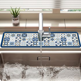 Resim 1 adet, Sofra Kurutma Matı, El Boyaması Karo Desenli Polyester Emici Mat, Musluk Emici Mat, Lavabo Drenaj Matı, Kauçuk Tabanlı Kaymaz Hızlı Kuruyan Mat, Ev Mutfak ve Banyo Lavabo Drenajı için Uygun 