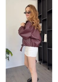 Resim Prifaldi Premium Oversiz Bomber Deri Ceket Bordo 