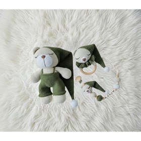 Resim Zey's Amigurumi Amigurumi Şapkalı Uykucu Ayıcık Yenidoğan Set, Uyku arkadaşı,Çıngırak, Emzik zinciri 