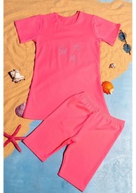 Resim Beniizle Yıldız Taş Detaylı Kız Çocuk Üçlü Set Mayo Neon Pembe 