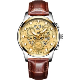 Resim Hanyang Kahverengi Altın Gümüş Fngeen Marka Altın Izle Erkek Hollow Kuvars Izle Paslanmaz Çelik Bant Su Geçirmez Aydınlık Moda Saatler Relogio Masculino (Yurt Dışından) 
