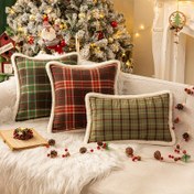 Resim Yumuşak Peluş Kenarlı Noel Yastık Kılıfı - Kırmızı & Yeşil Ekose, Oturma Odası & Yatak Odası Dekoru için Çiftlik Evi Tarzı, Fermuarlı Kapatma, Sadece Elde Yıkama (Yastık İçi Dahil Değildir) 