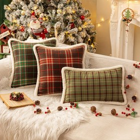 Resim Yumuşak Peluş Kenarlı Noel Yastık Kılıfı - Kırmızı & Yeşil Ekose, Oturma Odası & Yatak Odası Dekoru için Çiftlik Evi Tarzı, Fermuarlı Kapatma, Sadece Elde Yıkama (Yastık İçi Dahil Değildir) 