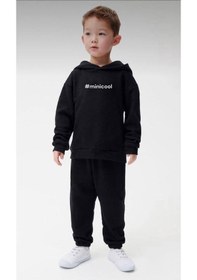 Resim Lolliboomkids Erkek Çocuk Kız Çocuk Nakışlı Slogan Hashtag Oversize Alt Üst Takım Kapüşonlu 3 İplik Şardonlu Siyah Renk Siyah 