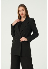 Resim Siyah Regular Astarlı Kruvaze Kapama Dokuma Blazer Ceket 001 