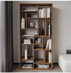 Resim Nicola Kitaplık 18 Raflı, Modern Kütüphane Antik Ceviz 