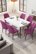 Resim Canisa Par Serisi 70x114 Açılabilir Mdf Mutfak Masası Takımı Beyaz Ceviz Masa 6 Mor Sandalye 