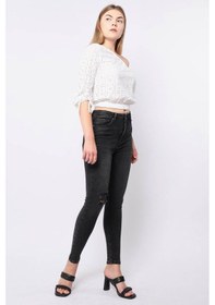 Resim Kadın Antrasit Dizi Yırtık Süper Skinny Fit Jean Pantolon 001 