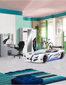 Resim Setay Formula Genç Odası - 3 Kapılı Dolap, Mercedes Full Ledli Arabalı Yatak, Masa - Beyaz 