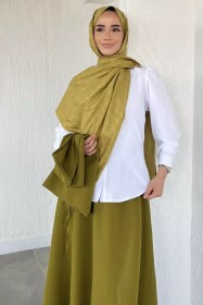 Resim Gülseli Bağlamalı Yelek Gömlek Etek Tesettür Üçlü Takım Yağyeşili TZL-P-00021783 