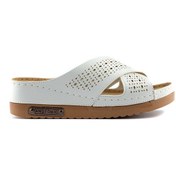 Resim Kadın Ortopedik Yumuşak Tabanlı Terletmeyen Çift Bantlı Hasır Tipi Delikli Rahat Anne Ev İçi Terliği Beyaz 