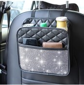 Resim Chuangyinshop Sparkling Car Organizer Glittery Pu Leather Car Seat Back Storage Bag White With Rhinestones Multiple Compartments For Accessories 