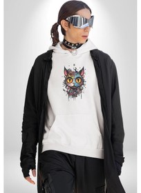 Resim Meksikalı Alebrije Kedi Fütüristik Kedi Kadın Erkek Beyaz Kapüşonlu Sweatshirt Hoodie Beyaz 