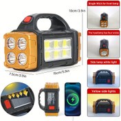 Resim Şarj Edilebilir LED Kamp Feneri, Güneş Enerjili Şarj, Çok Fonksiyonlu Açık El Feneri, USB Kablo Dahil, Su Geçirmez Değil, Cilalı Kaplama, 800mAh Lityum-iyon Pil, Sarı ve Beyaz Yan Lambalar, Ön Lamba Fitili, Kamp ve Telefon Şarjı İçin 