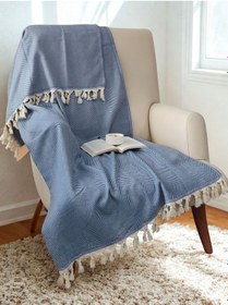 Resim %100 Pamuk Koltuk Örtüsü - Çok Amaçlı Koltuk Şalı, Pike, Piknik Örtüsü-170x220cm Mavı Mavi 