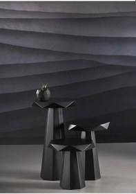 Resim 3'lü Siyah Ahşap Piramit Mantar Masif Yan Sehpa 